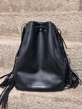 Victoria's Secret faux leather fringe drawstring bucket bag backpack